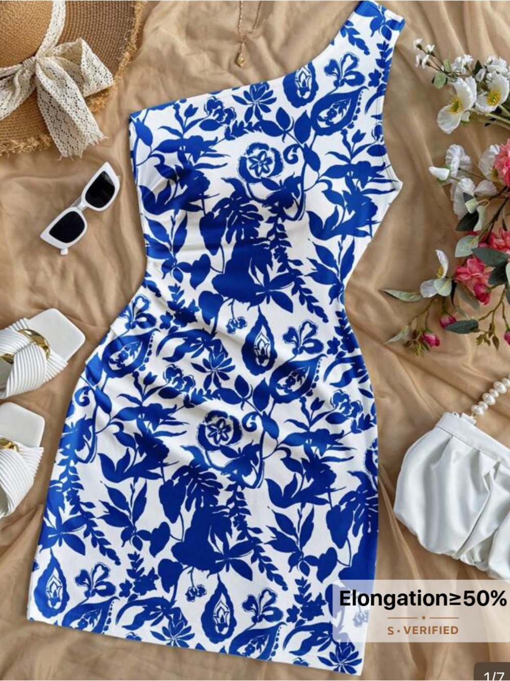 One-Shoulder Blue and White Floral Dress